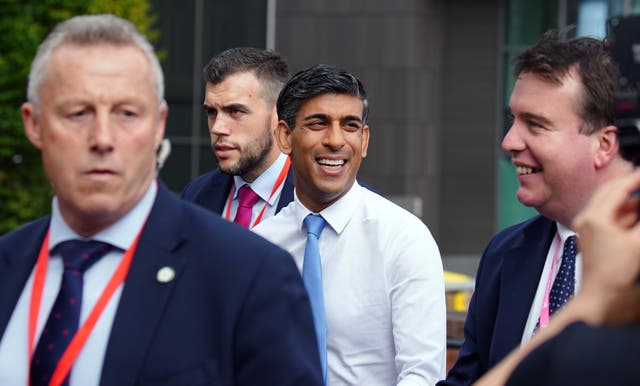 <p>Prime minister Rishi Sunak makes his way from the hotel into the conference hall, during the Conservative Party annual conference </p>