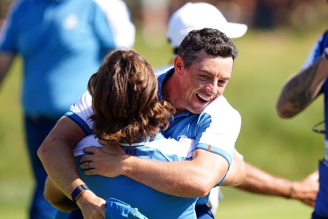 <p>Team Europe’s Rory McIlroy and Tommy Fleetwood celebrate after winning their foursomes match on day one of the 44th Ryder Cup at the Marco Simone Golf and Country Club, Rome, Italy. Picture date: Friday September 29, 2023.</p>