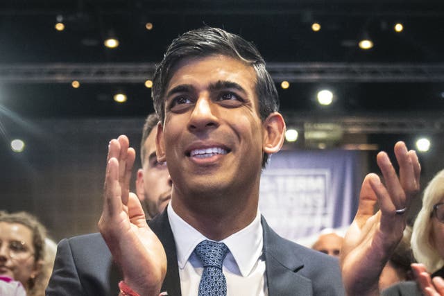 <p>Rishi Sunak during the Conservative conference, for which the slogan is ‘long-term decisions for a brighter future’</p>